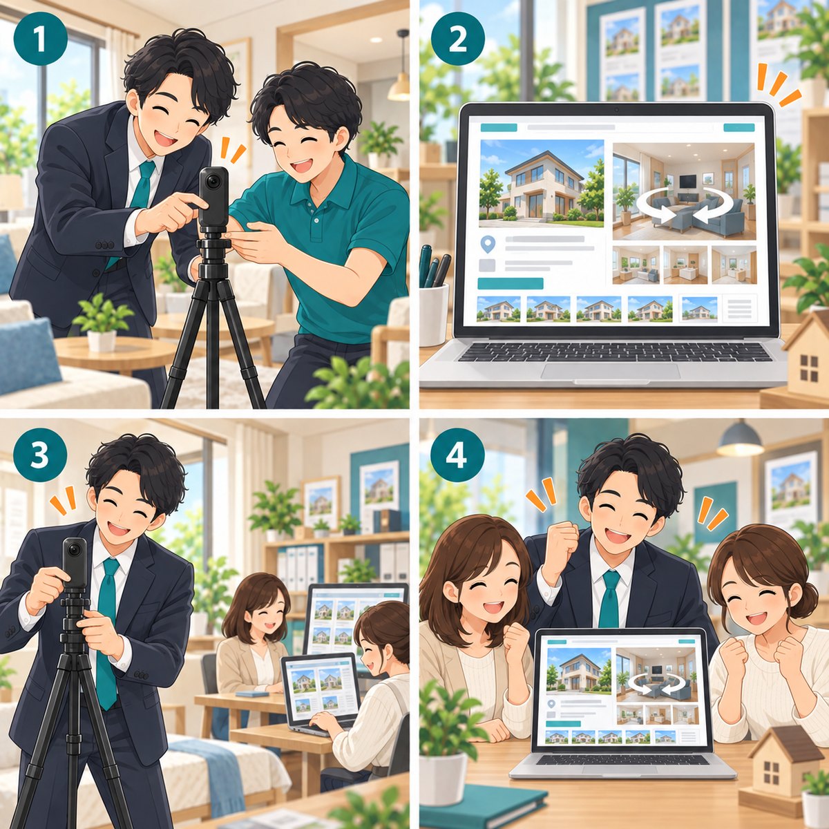 ヨセカの使い方 4コマ：1.中を見せたいけど撮影が大変 2.ヨセカが伺って360度撮影 3.お客様がスマホでぐるっと内見 4.完成・御社に納品